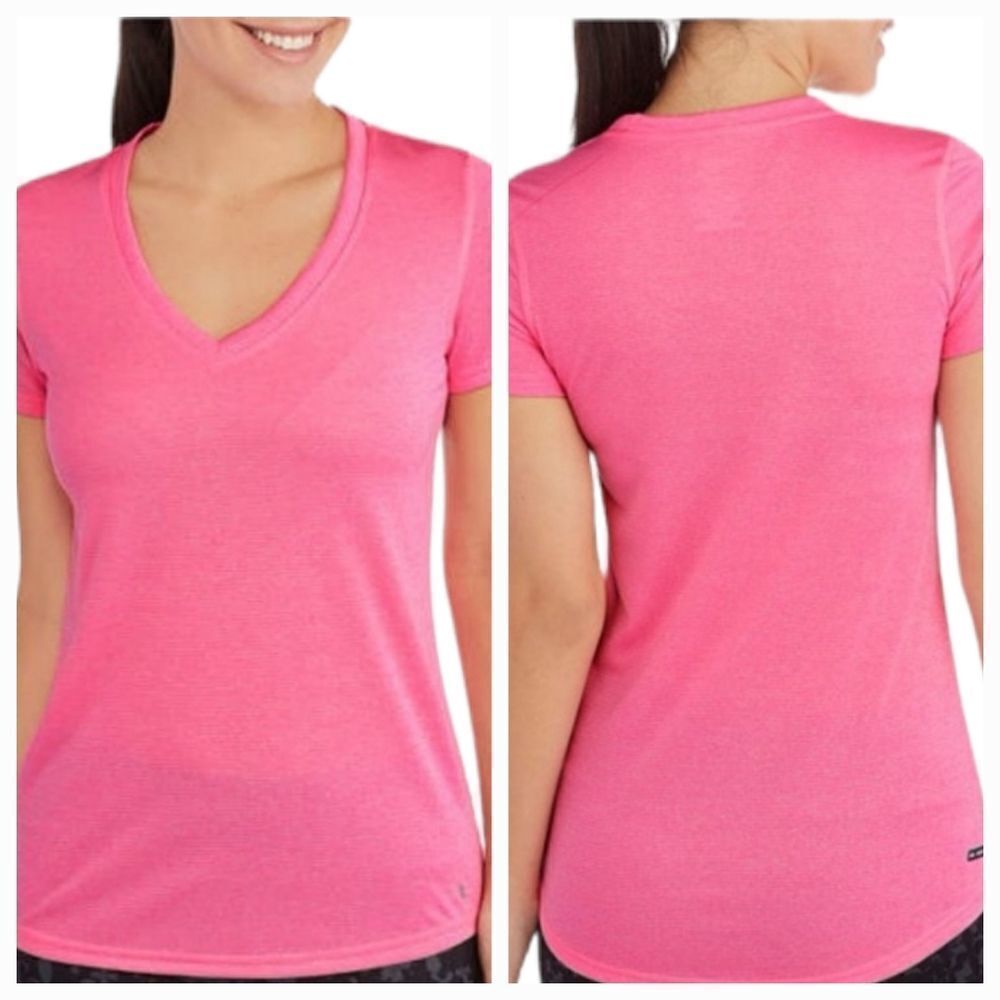 🔺️Danskin Neon Pink Striped Vneck Athletic Top XLarge